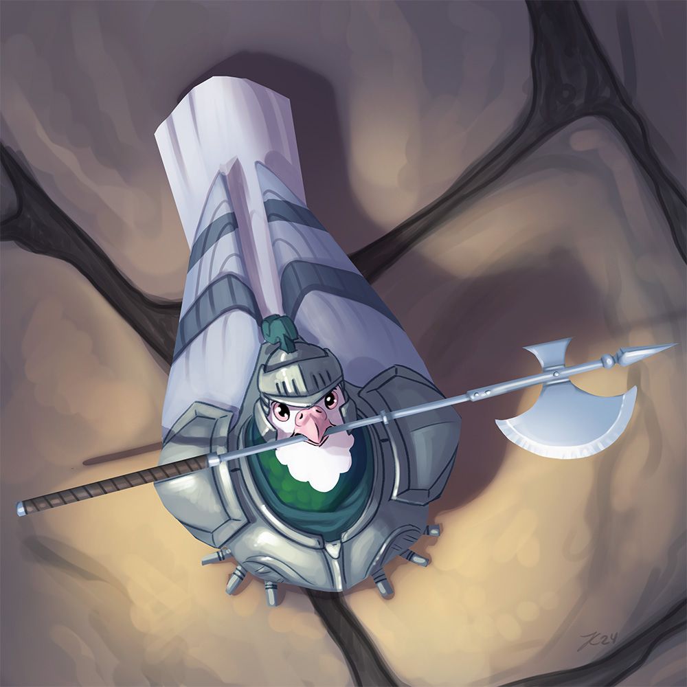 A guard pigeon looking up at the viewer very seriously. He's carrying a poleaxe.