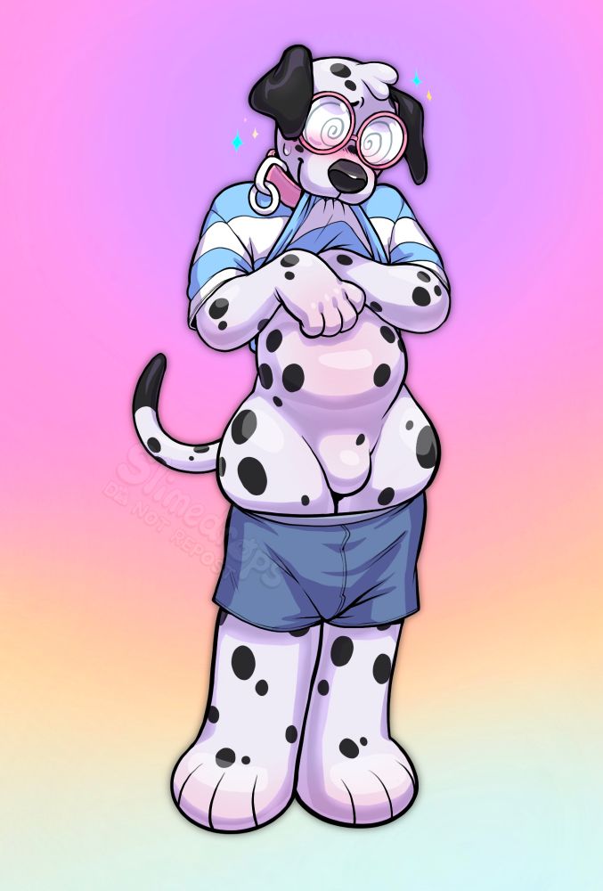 A rubber anthro dog shows off his tummy and null bulge. His thighs squish over his lowered underwear elastic, and his cartoony glasses eyes are shown in a dizzy spiral.