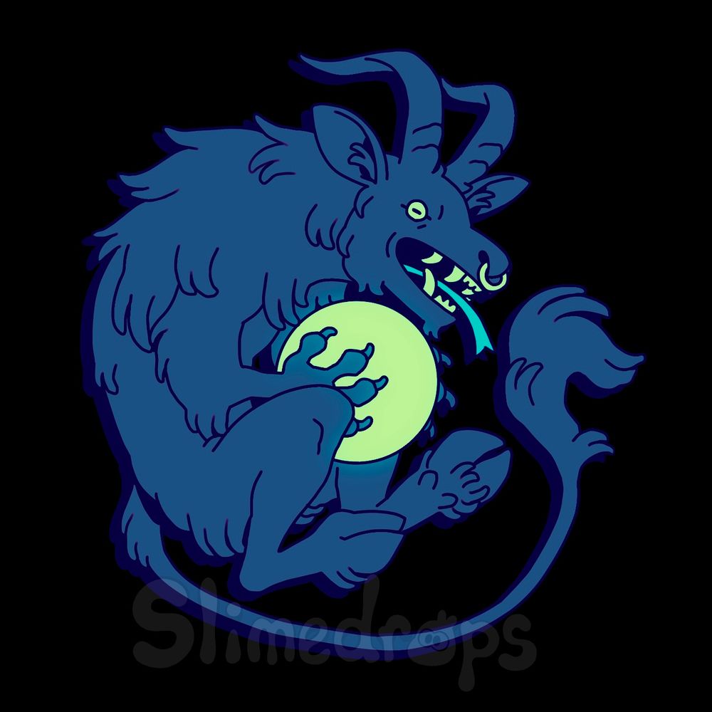 A goat like beast cradles a dimly lit sun. The image is black and blue and cool.