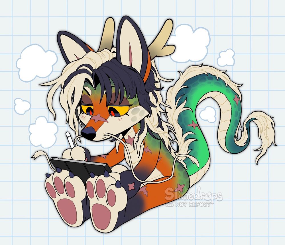 Chibi of a fox dragon, sat doodling on their ipad.
