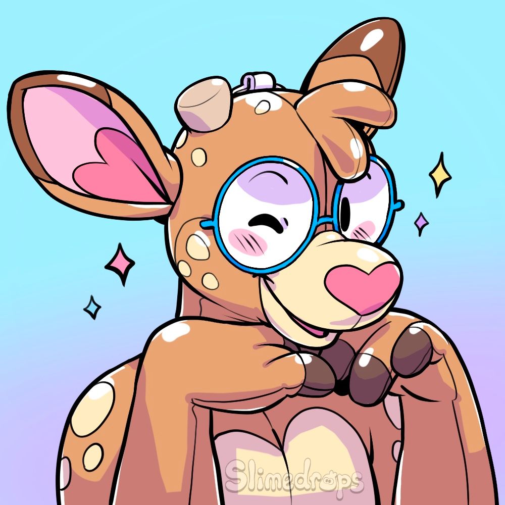 A headshot of a plastic pooltoy deer winking at the viewer. A nozzle is visible peeking over the back of his head.