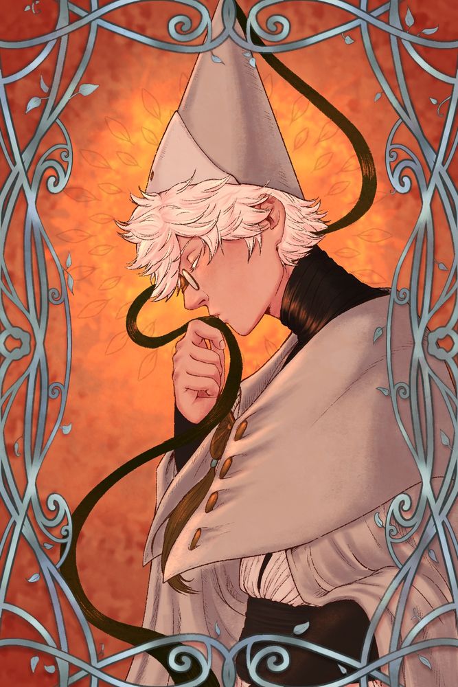 A warm-coloured digital drawing of Qifrey from Witch Hat Atelier, kissing the ribbon of his hat. There are silver branches in an art-nouveau style framing him
