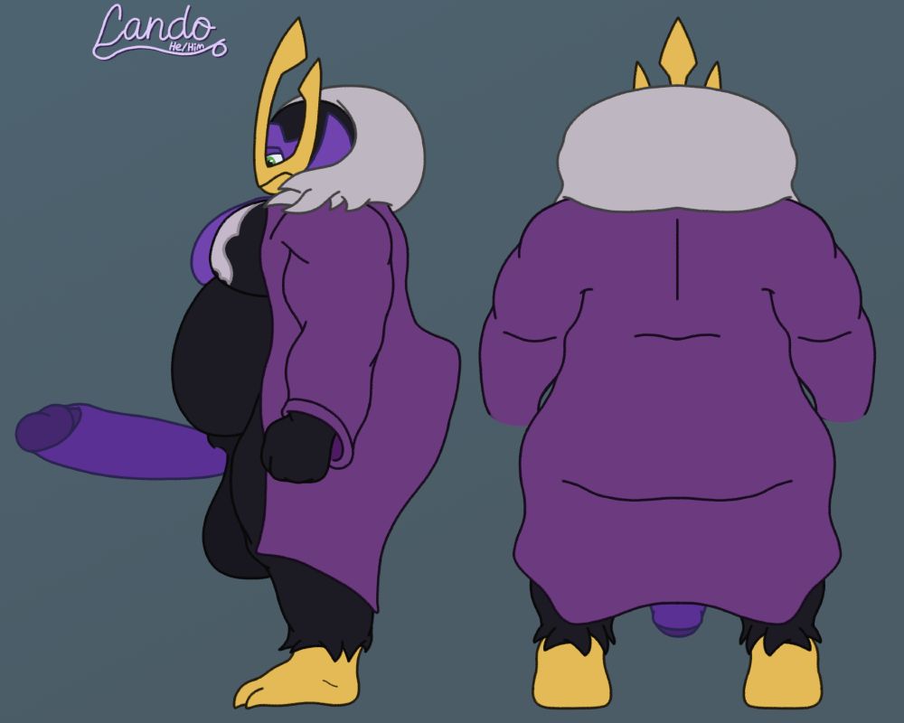 Anthro Empoleon, Lando, He/Him. It's a reference sheet. He is standing upright, robed. Erect side view penis, flaccid back view. Big balls.