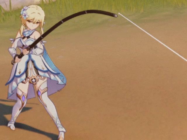 a girl in a white and blue dress is holding a long stick