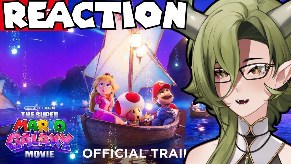 A picture of Mario, Toad, and Peach in a boat as stars fall.
Amalia looks excited with stars in her eyes.
The top says "REACTION". 