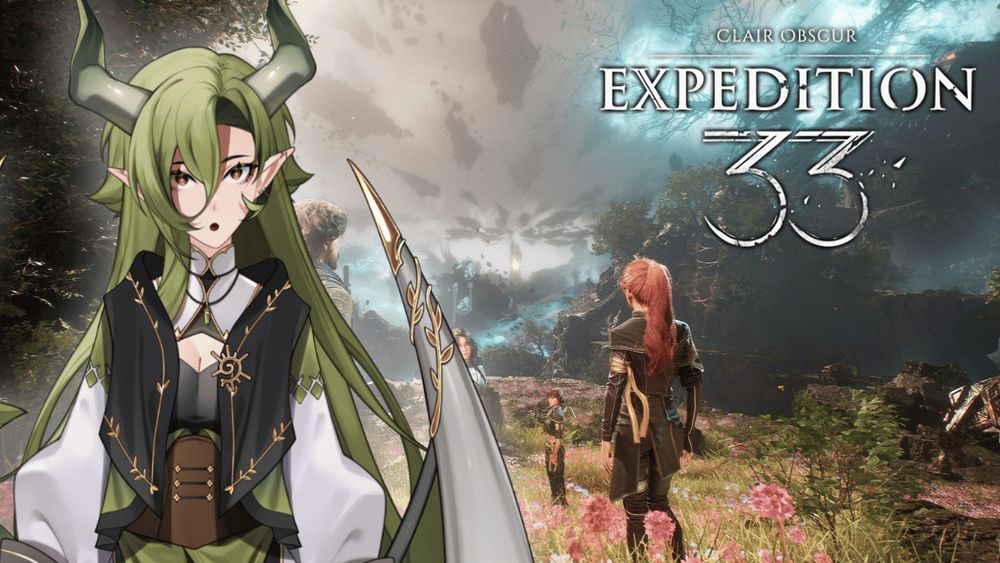 A picture of Amalia looking stunned while standing in front of an Expedition 33 promo picture.