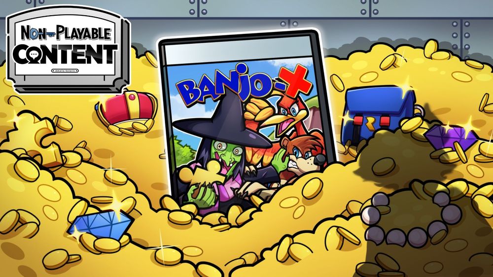 A picture of Amalia's shadow as she opens a vault.  Inside the vault is a video game box labeled "Banjo-X" with Grunty holding a Jiggy and Banjo and Kazooie looking angry.  The vault is filled with coins, Banjo's backpack, jewels, and a jiggy.  The top left says "Non-Playable Content".