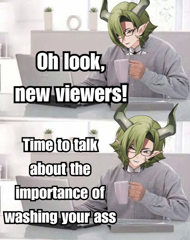 A picture of Amalia holding a mug and looking at a laptop saying "Oh look, new viewers!"  The next picture is her looking at the camera smiling and saying "Time to talk about the importance of washing your ass!"