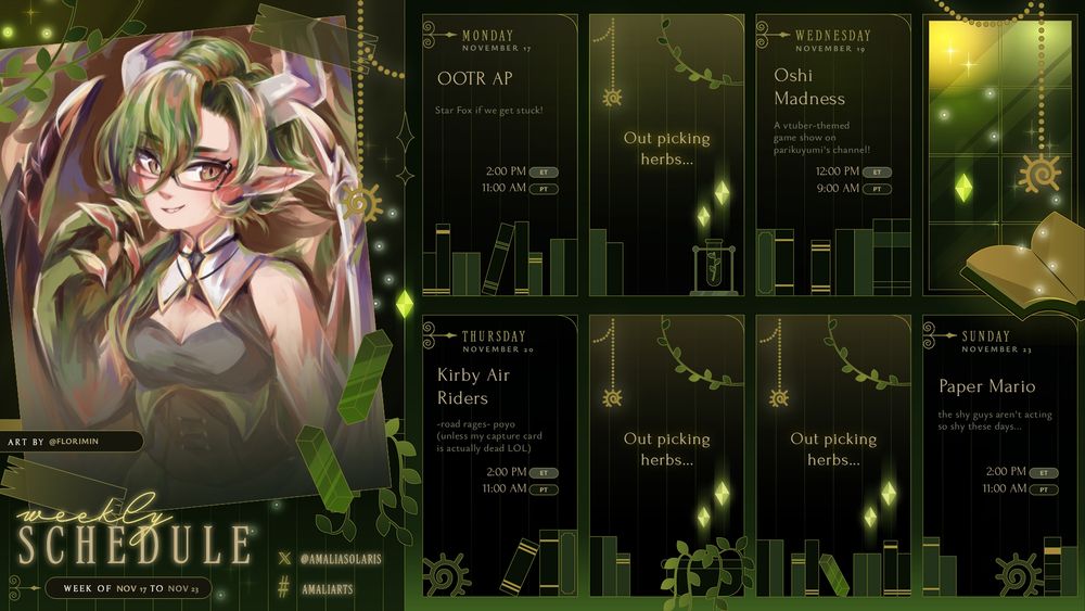 Mon - OOTR AP - 11AM 
Tue - OFFLINE
Wed - Oshi Madness on ParikuYumi's channel - 9AM
Thu - Kirby Air Riders - 11AM
Fri - OFFLINE
Sat - OFFLINE
Sun - Paper Mario - 11AM