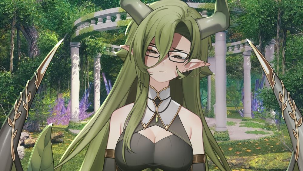 A picture of Amalia in the forest patio behind the Manor.  She blushes and looks a lil smug or possibly uncertain?