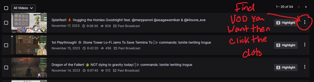 Go to your Video Producer page under Content. You'll have to sort them via drop down up in the top left by Highlights, Uploads, VODs, etc.   Click the 3 dots by whatever video you want. 
