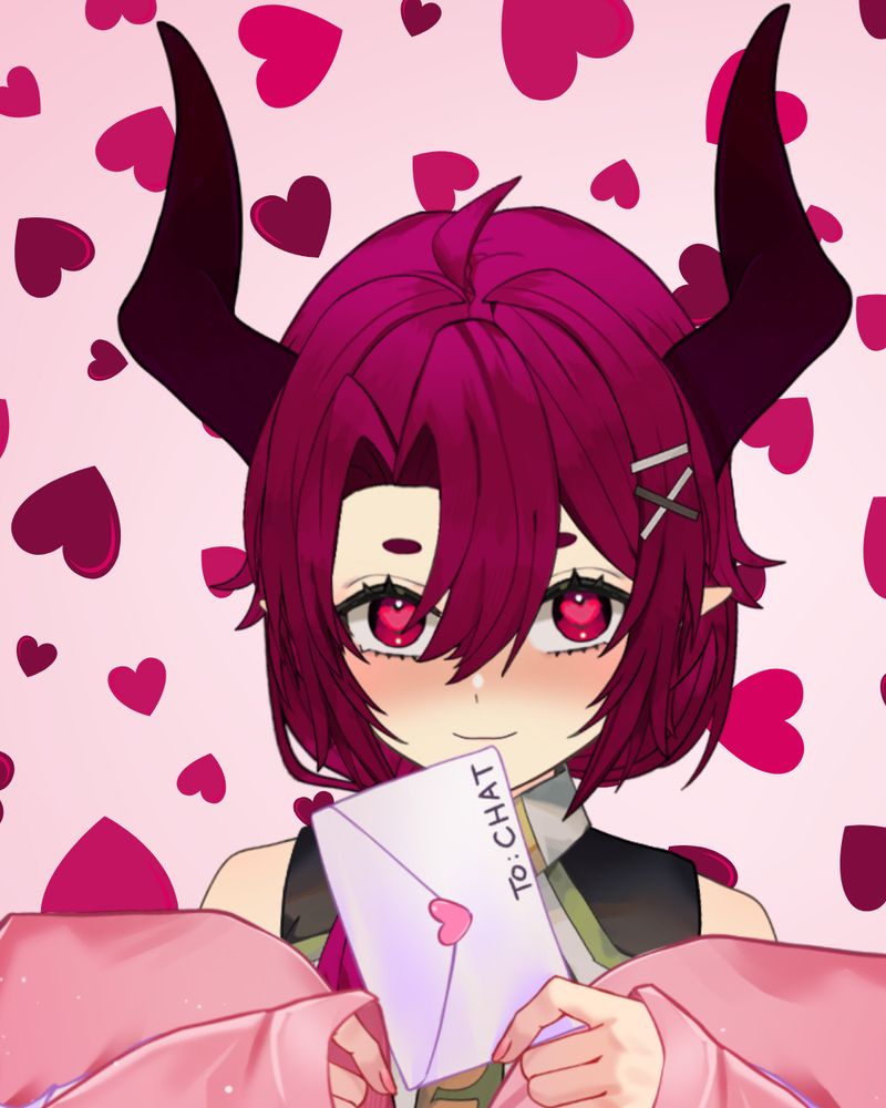 A picture of Amalia with pink hair, a pink blanket, and a letter to chat.  The background is hearts.