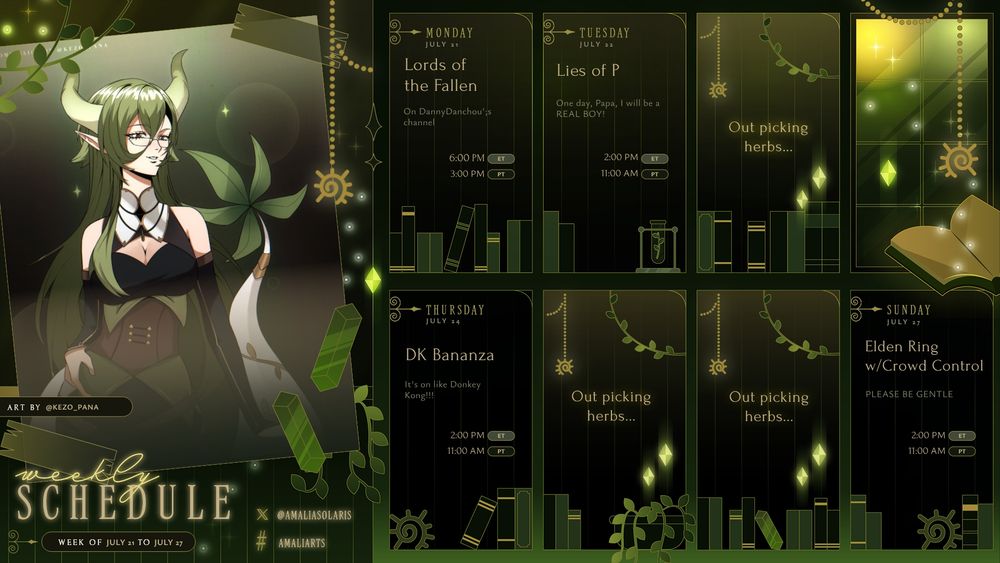 Mon - Lords of the Fallen on DannyDanchou's channel - 11AM 
Tue - Lies of P - 11AM
Wed - OFFLINE
Thu - DK Bananza - 11AM
Fri - OFFLINE
Sat - OFFLINE
Sun - Elden Ring w/Crowd Control - 11AM 