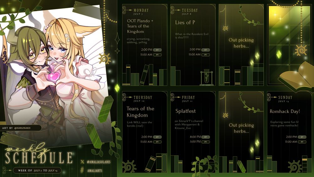 Mon - OOT Plando + Tears of the Kingdom - 11AM 
Tue - Lies of P - 11AM
Wed - OFFLINE
Thu - Tears of the Kingdom - 11AM
Fri - Splatfest at SitrusVT's channel - 5PM
Sat - OFFLINE
Sun - Romhack Day! - 11AM