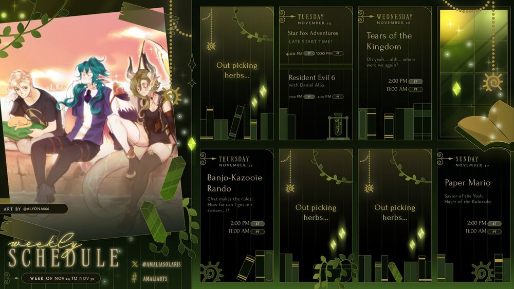 Mon - OFFLINE 
Tues - Star Fox Adventures - 11AM / Resident Evil 6 with Daniel Alba - 4PM
Wed - Tears of the Kingdom - 11AM
Thu - Banjo-Kazooie Rando - 11AM 
Fri - OFFLINE
Sat - OFFLINE
Sun - Paper Mario - 11AM