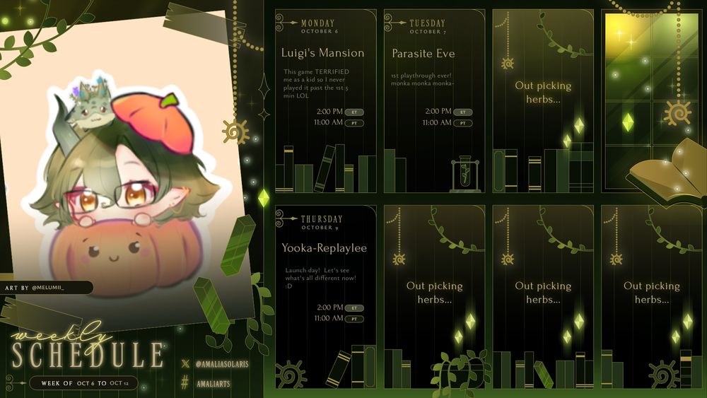 Mon - Luigi's Mansion - 11am
Tue - Parasite Eve - 11am
Wed - Offline
Thu - Yooka-Replaylee - 11am
Fri - Offline
Sat - Offline
Sun - Offline