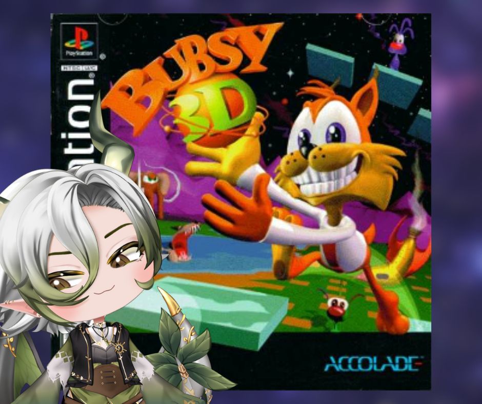 A picture of Amalia standing in front of the Bubsy 3D box art
