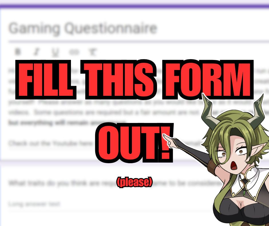 A picture of Amalia pointing at the google form, the red text saying "Fill this form out!  (please)"