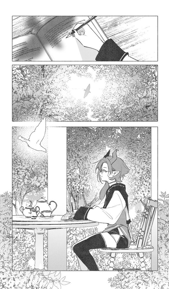 A small comic page of Amalia writing in the woods.  A bird greets her and she looks up to it.