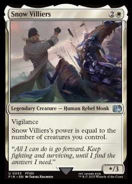 Magic: The Gathering card for Snow Villiers. Costs 2 colorless and 1 white. Legendary Creature - Human Rebel Monk. Vigilance. Snow Villiers's power is equal to the number of creatures you control. Flavor text: "All I can do is go forward. Keep fighting and surviving, until I find the answers I need." x/3 power/toughness.