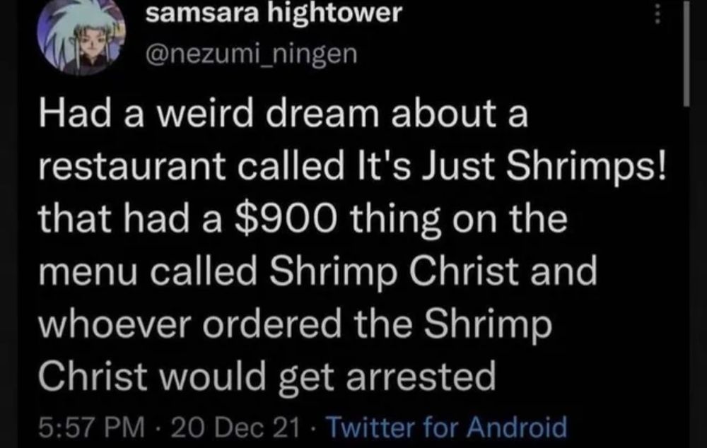screenshot of tweet from samsara hightower (@nezumi_ningen) from 12/20/21:

"Had a weird dream about a restaurant called It's Just Shrimps! that had a $900 thing on the menu called Shrimp Christ and whoever ordered the Shrimp Christ would get arrested"