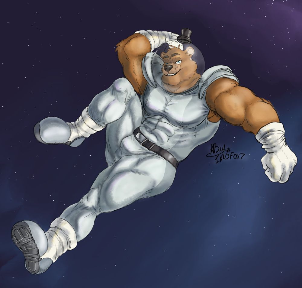 A muscular Freddy Fazbear flying in space. Freddy is wearing a white spacesuit and wearing white boots. The background is a space filled with stars.  The artwork is signed by the artist. Art created by inkart_flow