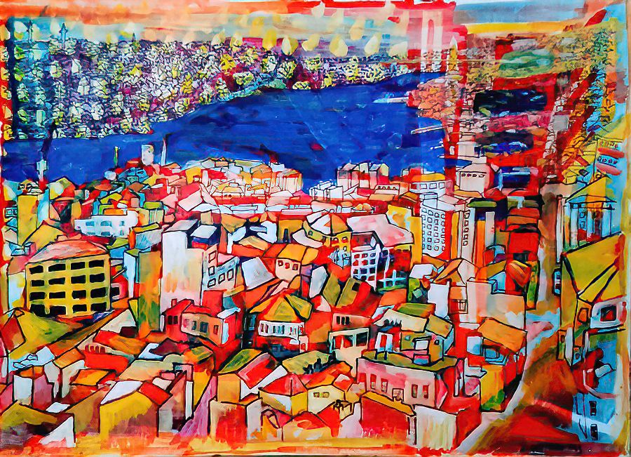 Landscape format in bold acrylics and black ink lines on paper. Looking down on jumble of buildings, abstracted into three-dimensional shapes with hints of roofs and windows and streets, in red, yellow and white with some touches of light blue-grey. Beyond is the titular water inlet rendered in royal blue, and coming in from the left via a narrow channel before it widens out, while the city on the right gets more abstracted and on the far side of the water is swathes of pale purple and green with yellow blobs on top and the ink lines of the suggested city showing through. Signature in bottom right is indistinct but it actually says, Liam Nov '93