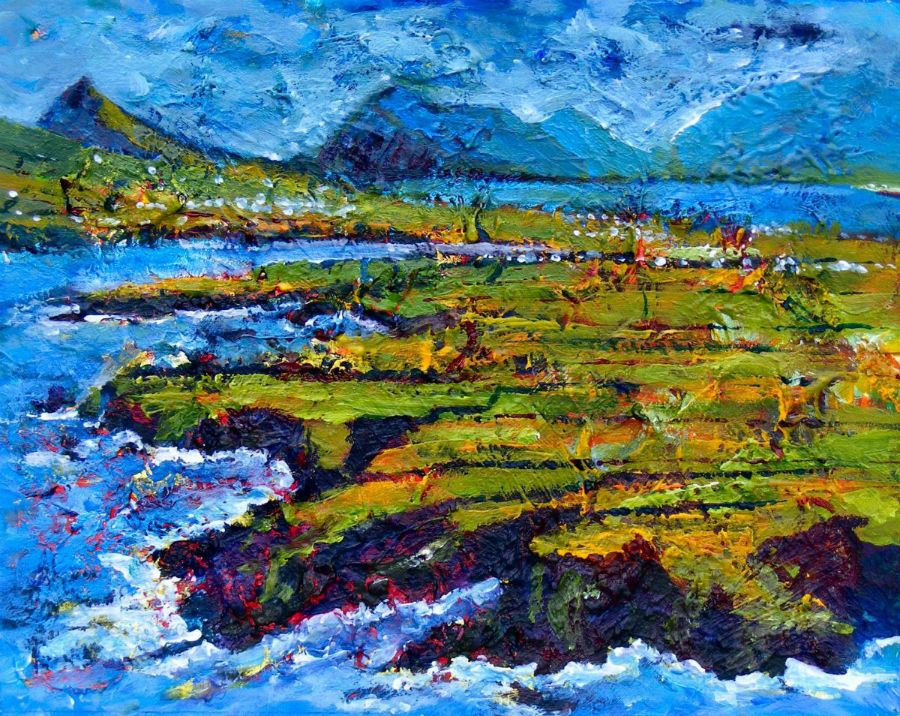Landscape format in acrylics on mat board. Textured and very loosely painted landscape showing a jagged green and yellow peninsula with dark red rocky edges, being bashed from the left and along the bottom of the painting by a lively sea of blue with white waves. Broken paint shows glimpses of red and yellow underneath. Above the dark sheer edges of the fingers of the peninsula is topped with suggestions of rough fields of lime greens and orange yellows, with dark broken lines loosely parallel separating them as hedgerows. At far side of peninsula are white dots and marks suggestive of houses and where another strip of land joins sweeping up to the left into triangular peaked mountains with more houses dotted around its lower green slopes. Beyond the peninsula is more blue of the ocean and on the horizon a blur of a strip of green land from which rises steep blue mountains of varying blues that blur into the messy cloudiness of the sky. This photo of the painting was taken before I added my signature.