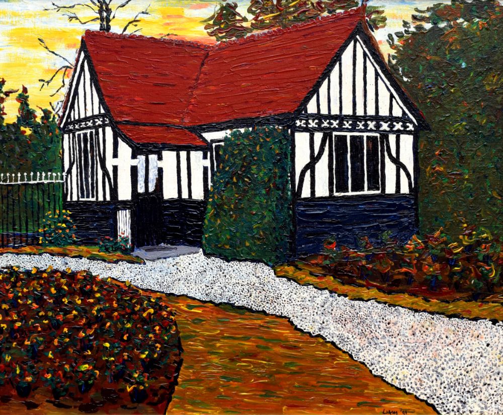 Landscape format in acrylics on canvas panel. Sunset cloudy sky. Little single-storey Tudor-revival wooden house surrounded by trees and bushes and flowers. A gravel path leads to the door. Railings are visible from left side.  The roof has red tiles, the house is half-timbered with the wooden bottom and detailing black on a white background. Although the house is T-shaped, it appears L-shaped from this angle, the other half of the T being obscured from view. A small porch covering of red-tiles extends out over a step in front of the door. Windows with 3 vertical panes are on each of the 3 visible walls, though the one to the right of the door is mostly obscured by a large green flat rectangular bush growing up like a green mattress leaning against the house. The beds of roses either side of the path are in bloom. Signed at bottom towards the right, Liam '91