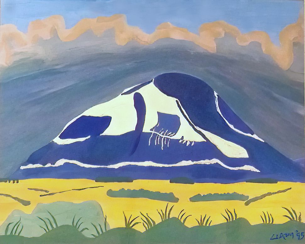 Landscape format in stylized acrylics on paper 50 cm x 40 cm. Dominant feature is mountain, conical with rounded peak, its base stretching along the horizon from left edge to right edge, and rendered in midnight blue with bold shapes of white, presumably snow, on its upper slopes. Along bottom edge is dunes of undulating flat olive green with tufts of individual long blades of grass. Between dunes and mountain is canary yellow with several lines of hard-edged bushes of green. Behind mountain is cloud of dark green-greys in brush strokes following conical shape of mountain except for fluffy top edge which is rendered in a wide squiggly ochre line. Narrow glimpse of blue sky is at the top. Signed bottom right in blue, Liam '95