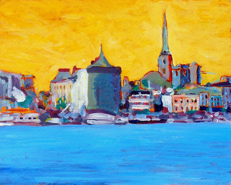 Landscape format, loosely painted on mat board. Bottom third is bright blue water of the harbour in horizontal strokes. Sky is broken canary yellow brushed over red. City is band across the middle including in greys of blue and green and purple, the round and pointed, wide and dark, Reginald's tower in the centre; a taller church steeple to the right in greys of lilac and pale blue; boat shape suggestions along the quayside, and general building shapes with dark red window hints, and some touches of dark red edgings. The painting was photographed before I added my signature.