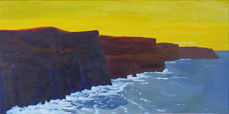 Wide landscape format in painterly acrylics on canvas. Sky is bold yellow, towards lime at top and canary lower down, with some horizontal streaking. Cliffs run from left foreground to almost right edge in distance, in 4 receding segments, each one flat-topped and sheer. Closest segment is violet and purple, the other 3 are maroon, paler the further away. Sea is blue-grey except at base of the cliffs where it breaks up into off-white. Shadow of near cliff segment renders water below a darker blue-grey. Photo of painting taken before signature was added.