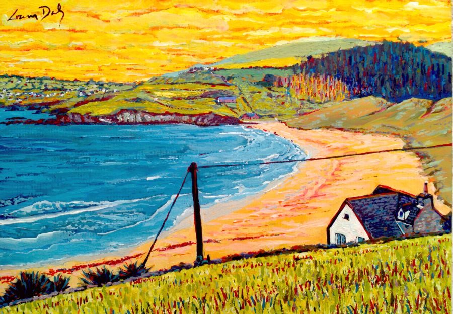 Landscape format in bold acrylics on mat board. A rich blue bay coming in from the left to a crescent cream beach with feint lines of wine and pink seaweed and olive coloured dunes behind it to the right. In the foreground is a sloping downward field of lime grass dotted with blue, brown and cream strokes, which hides all but a purple and blue slate roof and top of a white gable of a house on the right overlooking the beach. and the tops of some green and red and blue bushes by the left edge. A dark pole rises up from the bottom of the field against the beach and the ocean to hold a wire that goes across to the right above the house, and down to the ground behind the bushes on the left.  At far end of the beach are hills and headlands of muted greens, with the nearest one having on the right dark woods of pine trees in blues and grey-green, and the more distant hills on the left having white dots of houses. The headlands have rocky edges of grey and maroon. Sky is yellow with some orange horizontal strokes.  Signed top left: Liam Daly