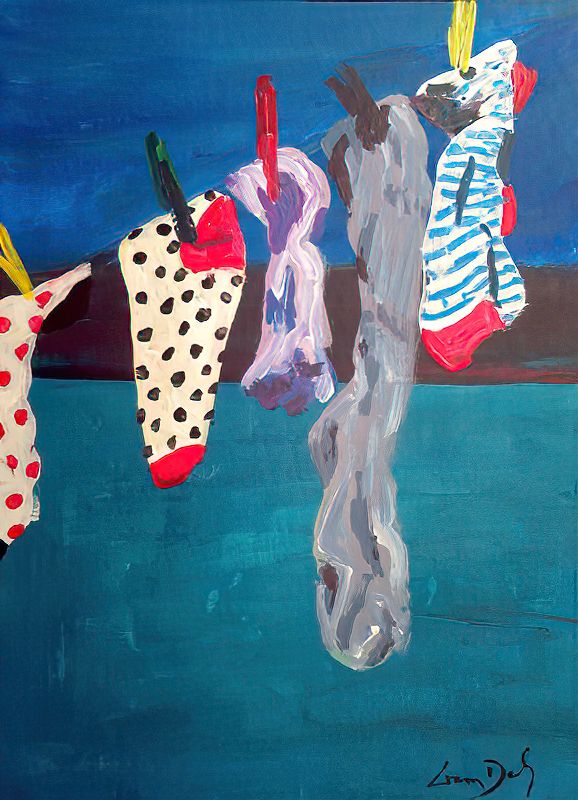 Portrait format in acrylic on mat-board. Five odd socks hanging from a washing line. The line runs diagonally from the top right corner down to just above halfway up the left side. The left-most sock is white with red polka dots and held on by a single yellow peg. It is truncated by left edge of painting. Next sock to its right is white with black polka dots, and red heel and toe. It is held by a single green peg. The central sock is the shortest, and is lilac with some blue mark on it and shading of purple. The bottom end is suggestive of individual toes. It is held by a red peg. The sock to its right is the longest. It is grey, crumpled with darker grey shading, and held by a black peg.  The sock on the right held by a yellow peg in the top right corner is white with blue horizontal stripes, and red in the toe, heel, and ankle band. The background has a bottom half of green with some texture, suggestive of grass. Above that, running behind the socks is a horizontal band of dark brown suggestive of a wall, and above that is a rich blue of a sky. Signed bottom right: Liam Daly