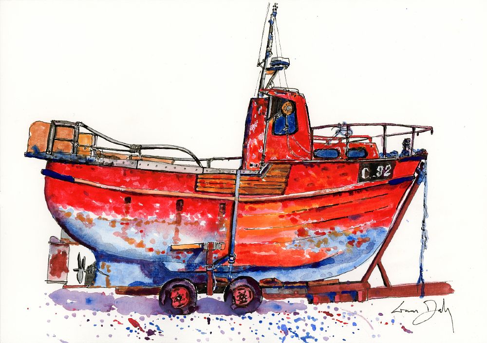 Landscape format in black ink line and water media on white watercolour paper. Side profile of a little boat on wheels, blue on the underneath parts and red all over everywhere else including the little wheelhouse. There are ropes, there are rails, there are panels, there is rust, there is a lot of aged peeling paint. There is some deliberate paint splatters underneath around the shadow. Boat is facing right resting on a rusted metal frame with two wheels close together visible on viewer side. There is no sky, with the background left white. Signed bottom right, Liam Daly