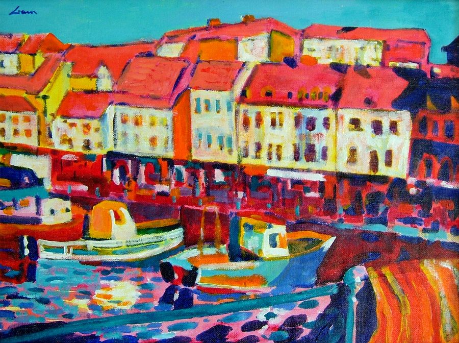 Landscape format in acrylics on canvas panel. Turquoise sky over loosely painted town of buildings at water front and stacked behind up to top of hill. Roofs are bright red almost pink, fronts are cream with softly brushed window shapes of orange, navy or turquoise, shadows are orange and dark blue. Street level has shop fronts abstract in reds and dark blue with white highlights for signage and window reflections. Water is in the foreground with the harbour coming in from the left housing 3 small fishing boats each with a wheelhouse and facing in to the buildings. The boats are almost abstract in their arrangement of colours of orange, blues, whites, and turquoise. The water is rendered in pink and turquoise with blue and turquoise horizontal strokes and some reflected colours of the boats. Dark turquoise of a railing along a pier runs across bottom with orange nets draped over in bottom right corner. Signed top left in dark blue: Liam