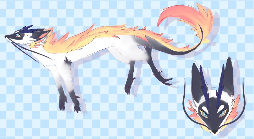 eastern dragon style furry dragon design with a white to black body markings and yellow orange red fur along the back 