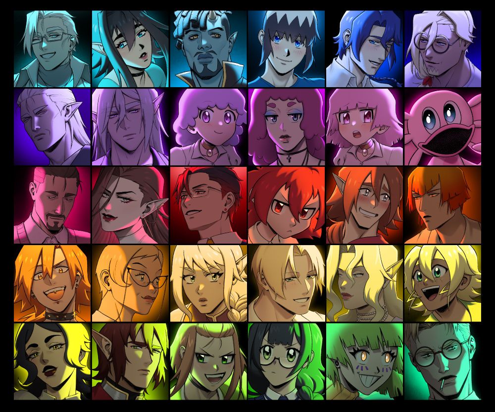 30 portraits of different original characters with dramatic lighting, each in the character's signature color, forming a rainbow.