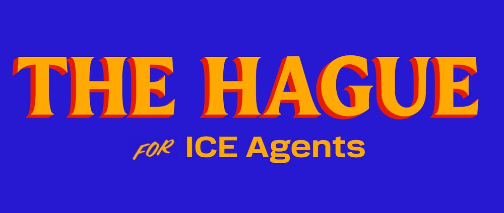 A sign in the style of Zohran Mamdani's campaign signs. It states "The Hague for ICE Agents".