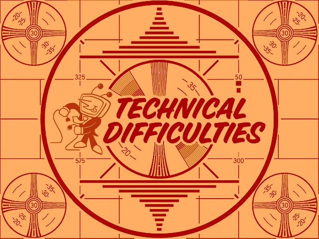 The TV Time "Technical Difficulties" screen, tinted orange and red.
