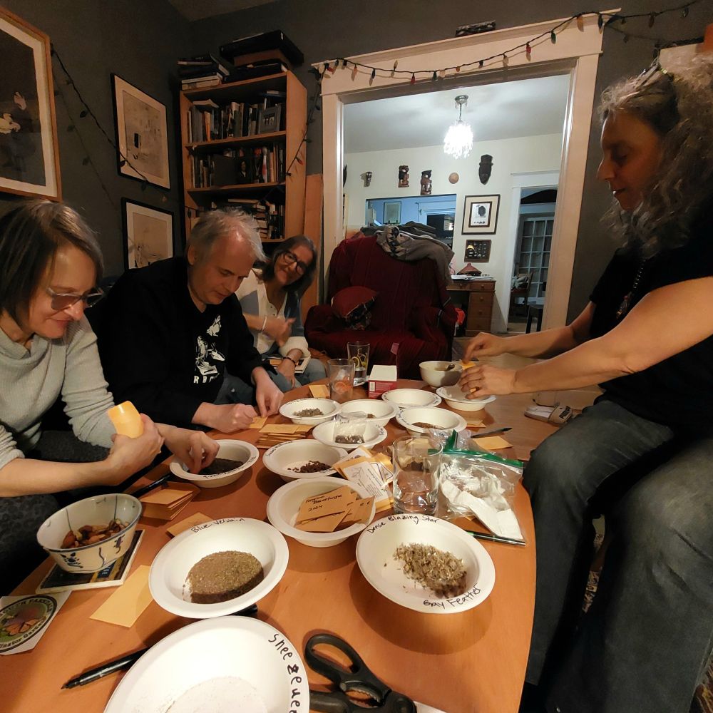 Photo of four people packing seeds around a table in a cosy, warm atmosphere. 

