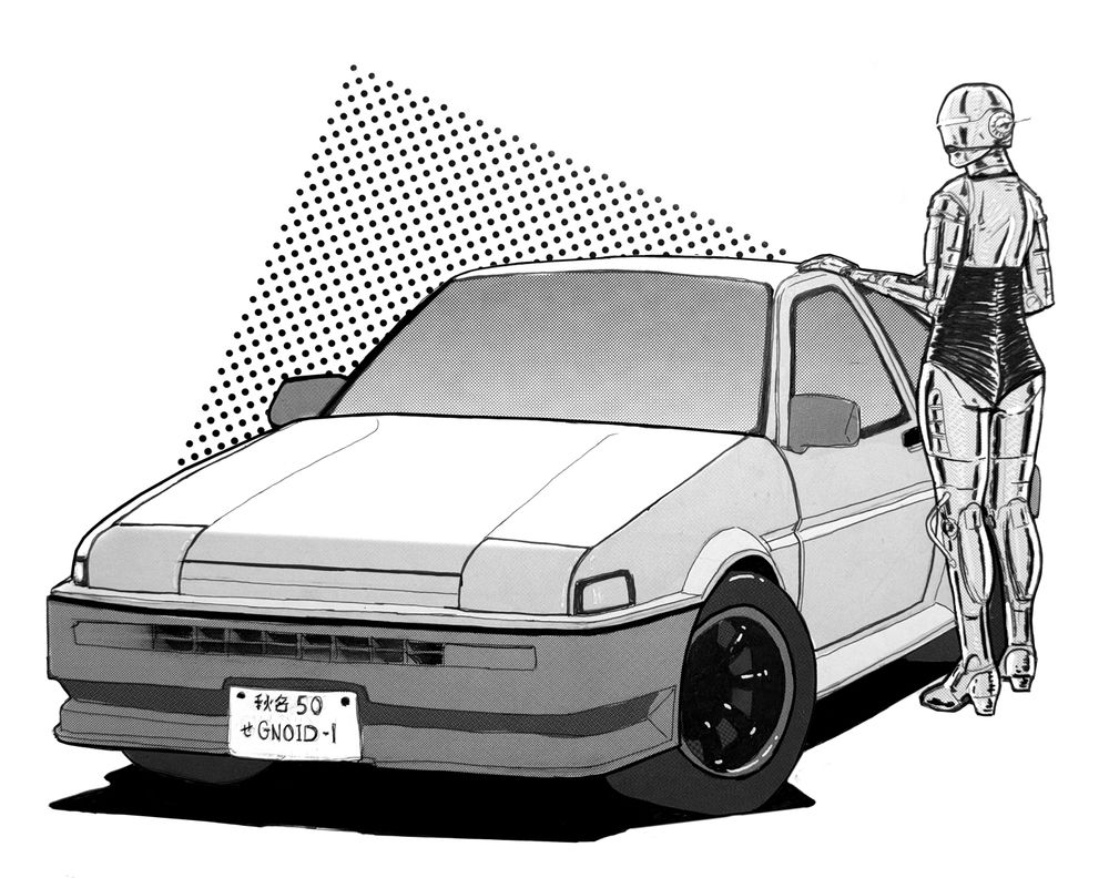 A lady robot next to her car