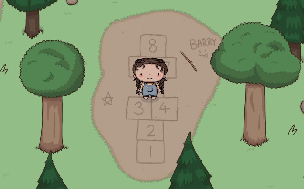A little girl with brown braids and blue overalls stands in the middle of a hopscotch court. On the top right is 'Barry :P' is written into the dirt