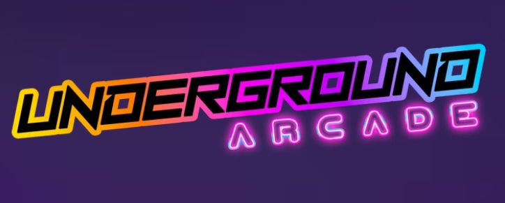 Stylised image that says "Underground Arcade" with a rainbow glow around Underground and a neon glow around Arcade