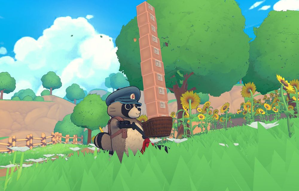 A tanuki rides a bicycle on a grassy field. They have a postal worker hat on and their basket is towering with parcels.