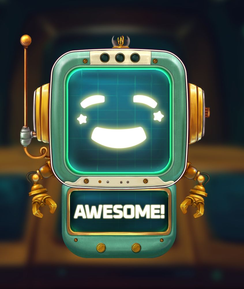 An image of a robot with a screen for a face. The screen has a smiley face with star shaped dimples.
Below the face is another screen that says "AWESOME!".