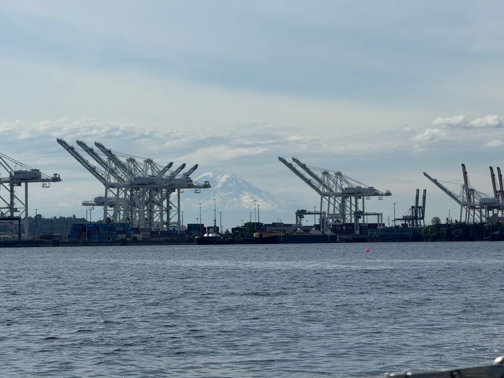 Mt Rainier over the port of Seattle.