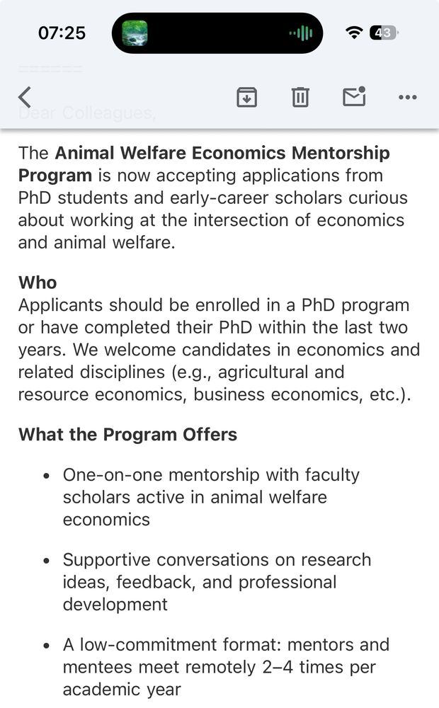 Text of the announcement for the Economics of Animal Welfare Mentorship program. 