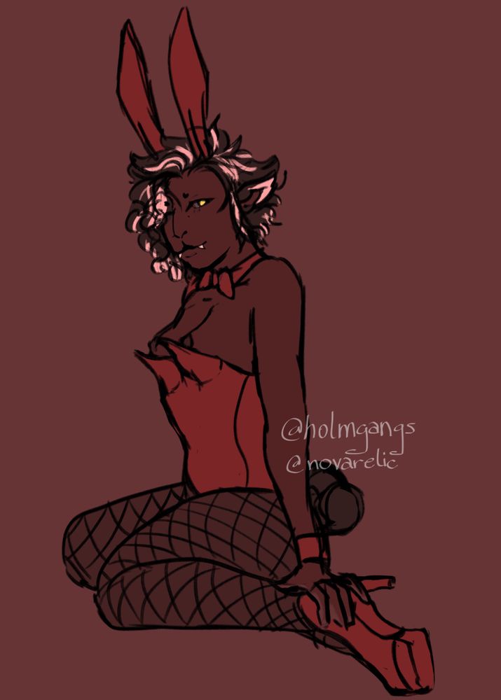 drawn figure of a character wearing a corset, fishnets and heels. The breast cups on the corset are not secured and they are flopping, revealing a small chest.