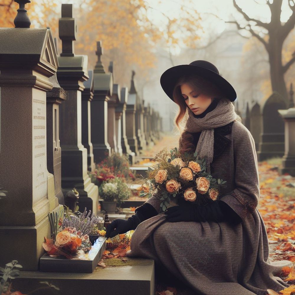 Eine junge Frau legt Blumen an einem Grab nieder.